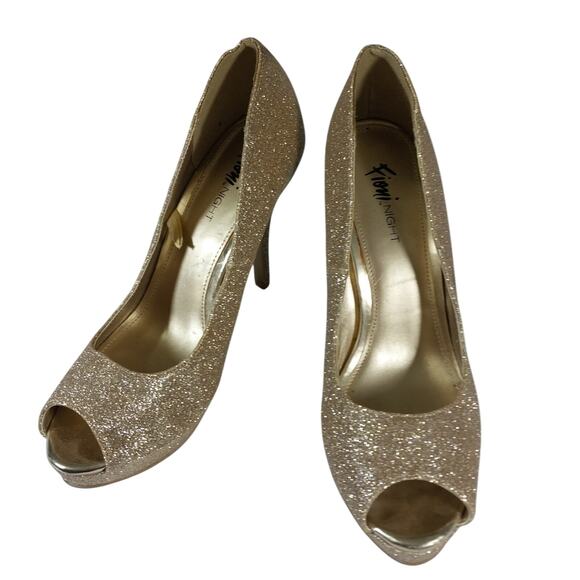 FIONI NIGHT! SHIMMERY GOLD STARDUST PEEP TOE STILETTO, PLATFORM HEELS! SZ 7.5M - Picture 3 of 10
